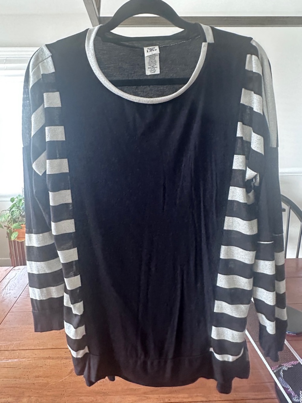 Black Long-Sleeve Top with Silver Stripe Sleeves